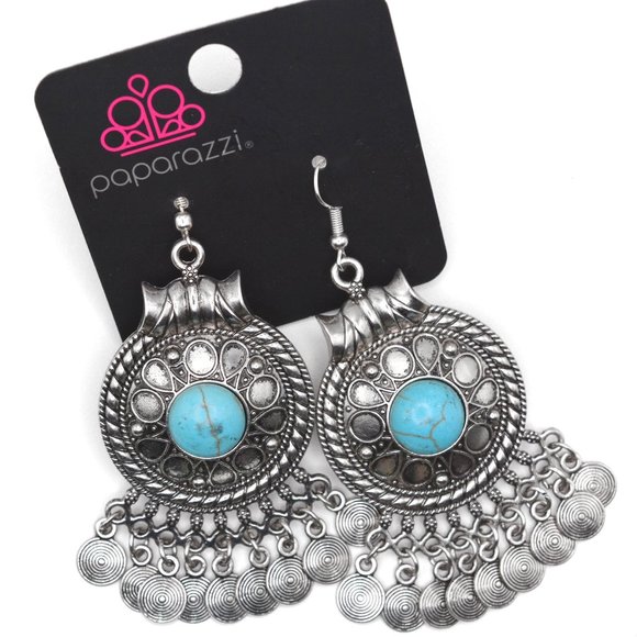PAPARAZZI // Western Boho Silver Disc Dangles & Turquoise Center Stone Earrings